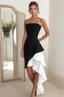 Load image into Gallery viewer, Black White Strapless Sheath Short Cocktail Dress with Ruffles