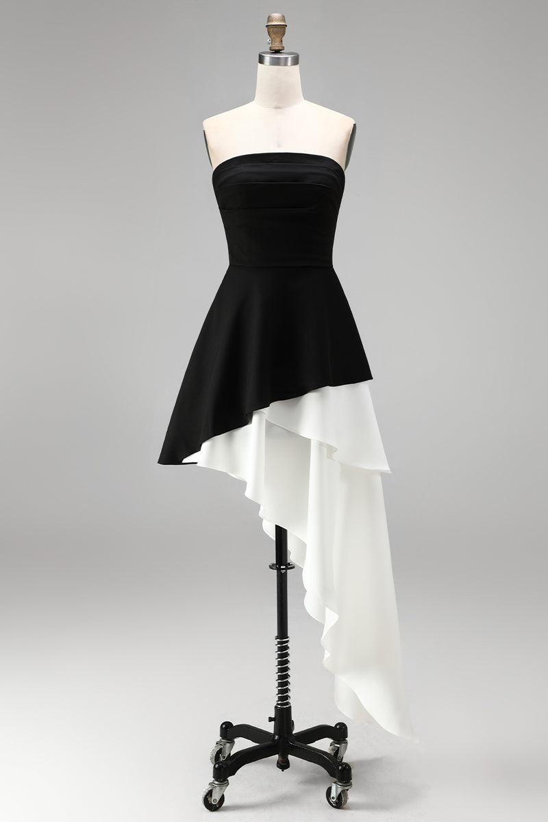 Load image into Gallery viewer, Black White Strapless Sheath Short Cocktail Dress with Ruffles