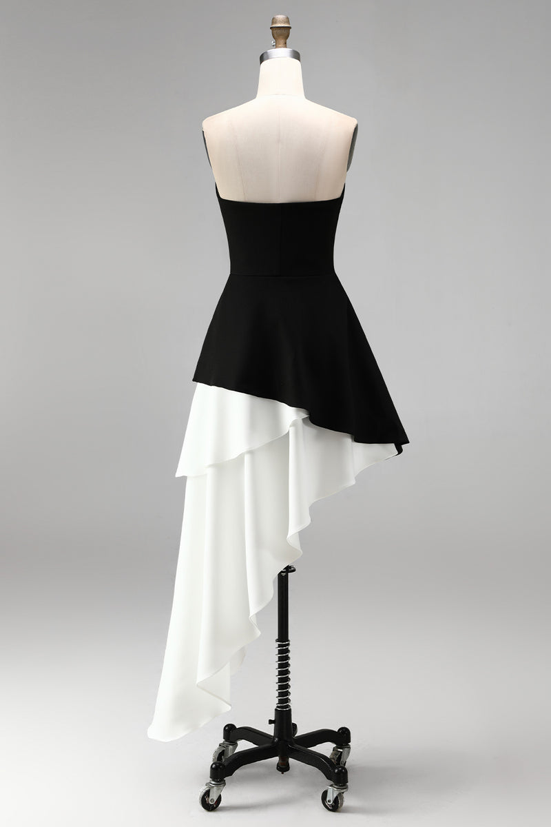 Load image into Gallery viewer, Black White Strapless Sheath Short Cocktail Dress with Ruffles