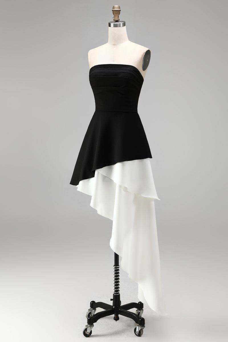 Load image into Gallery viewer, Black White Strapless Sheath Short Cocktail Dress with Ruffles