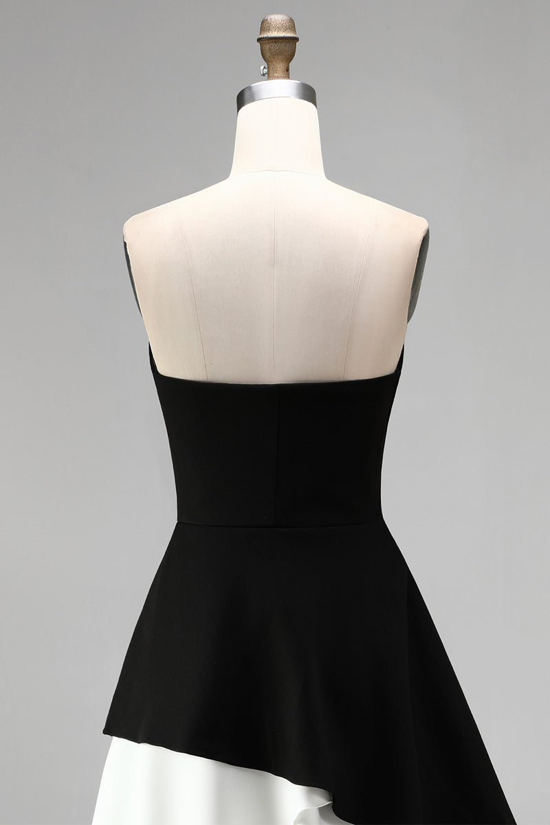 Load image into Gallery viewer, Black White Strapless Sheath Short Cocktail Dress with Ruffles