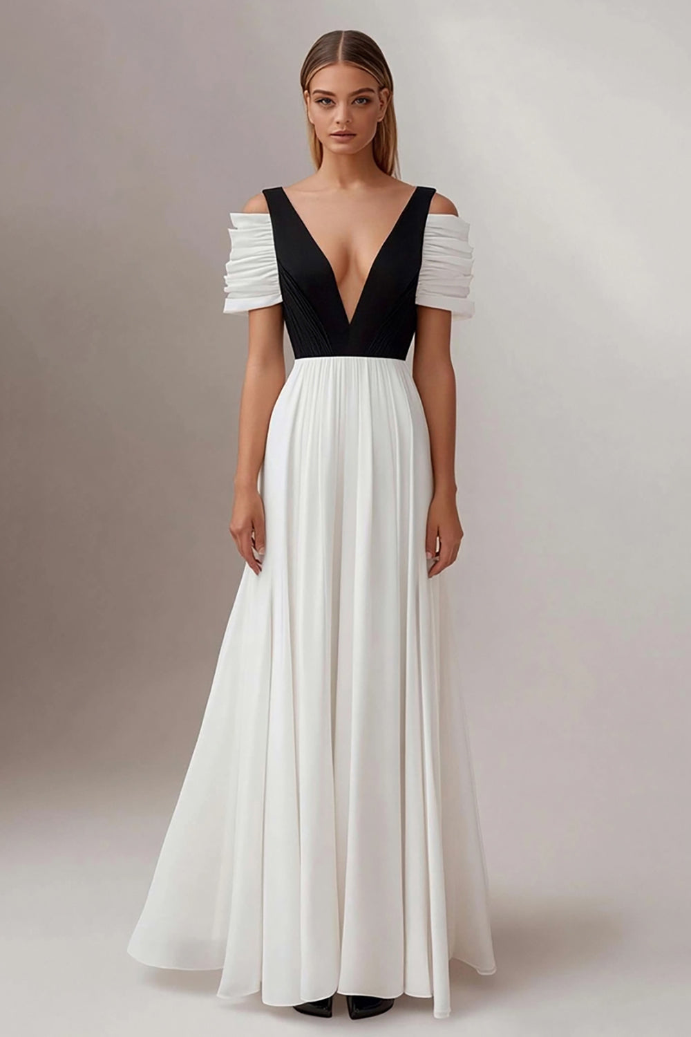 Black White A Line Deep V-Neck Long Formal Dress
