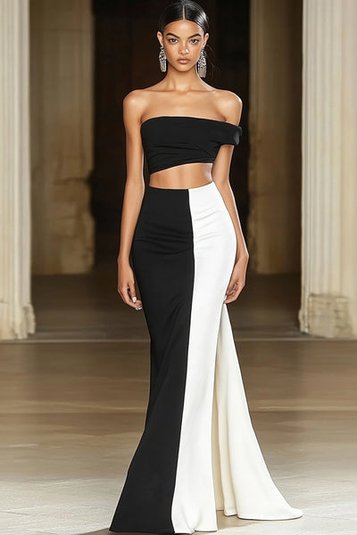 Black White Mermaid Off the Shoulder Satin Long Formal Dress
