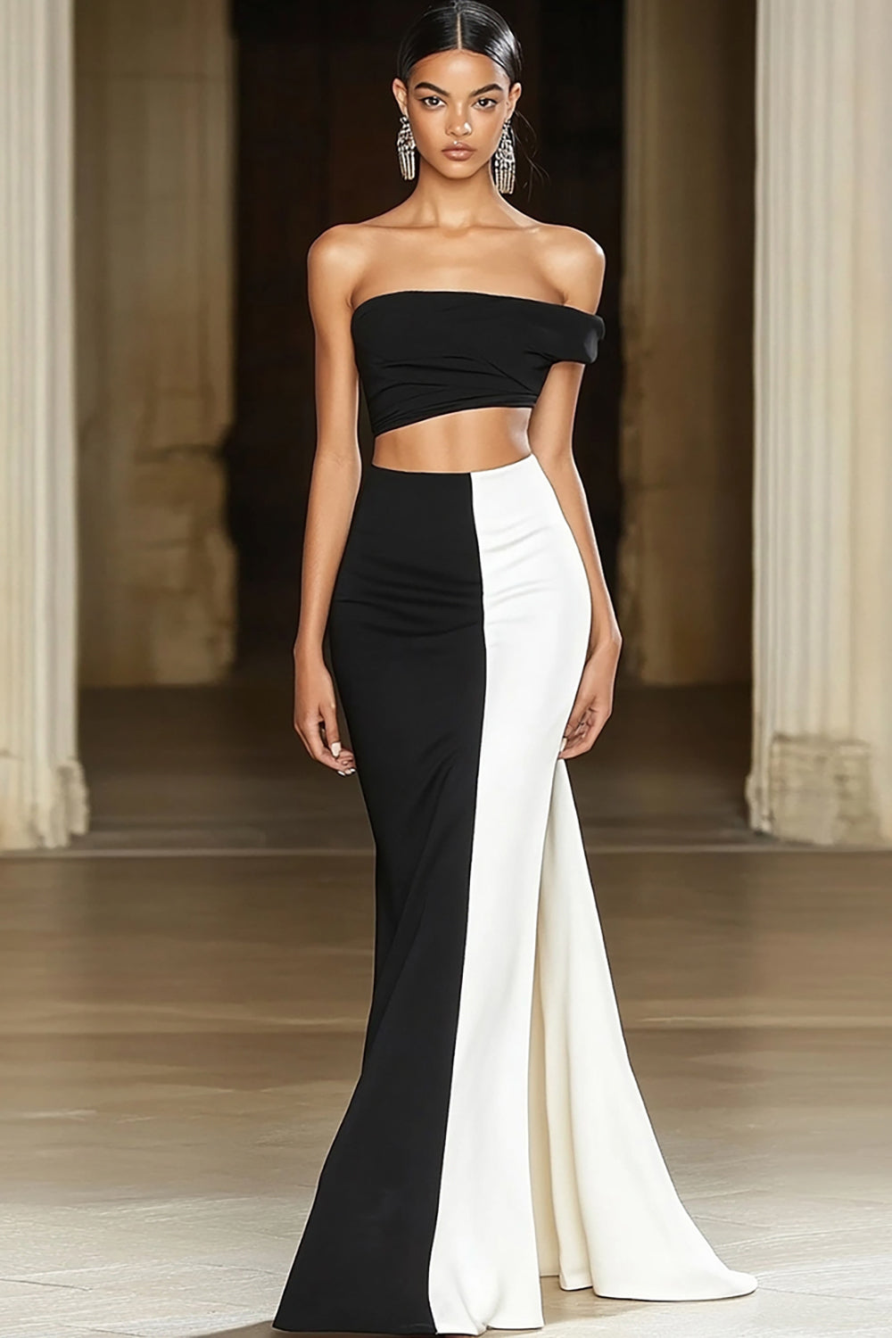 Black White Mermaid Off the Shoulder Satin Long Formal Dress