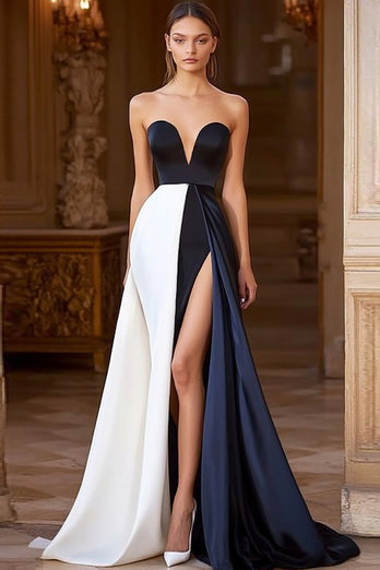 Navy White A Line Sweetheart Satin Long Formal Dress with Slit