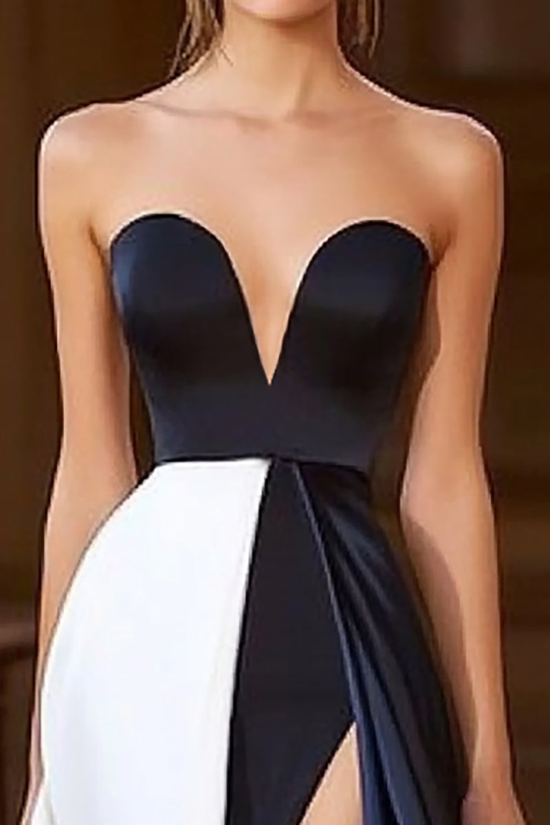 Load image into Gallery viewer, Navy White A Line Sweetheart Satin Long Formal Dress with Slit
