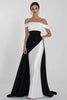 Load image into Gallery viewer, Black White Sheath Off the Shoulder Satin Long Formal Dress