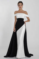 Load image into Gallery viewer, Black White Sheath Off the Shoulder Satin Long Formal Dress