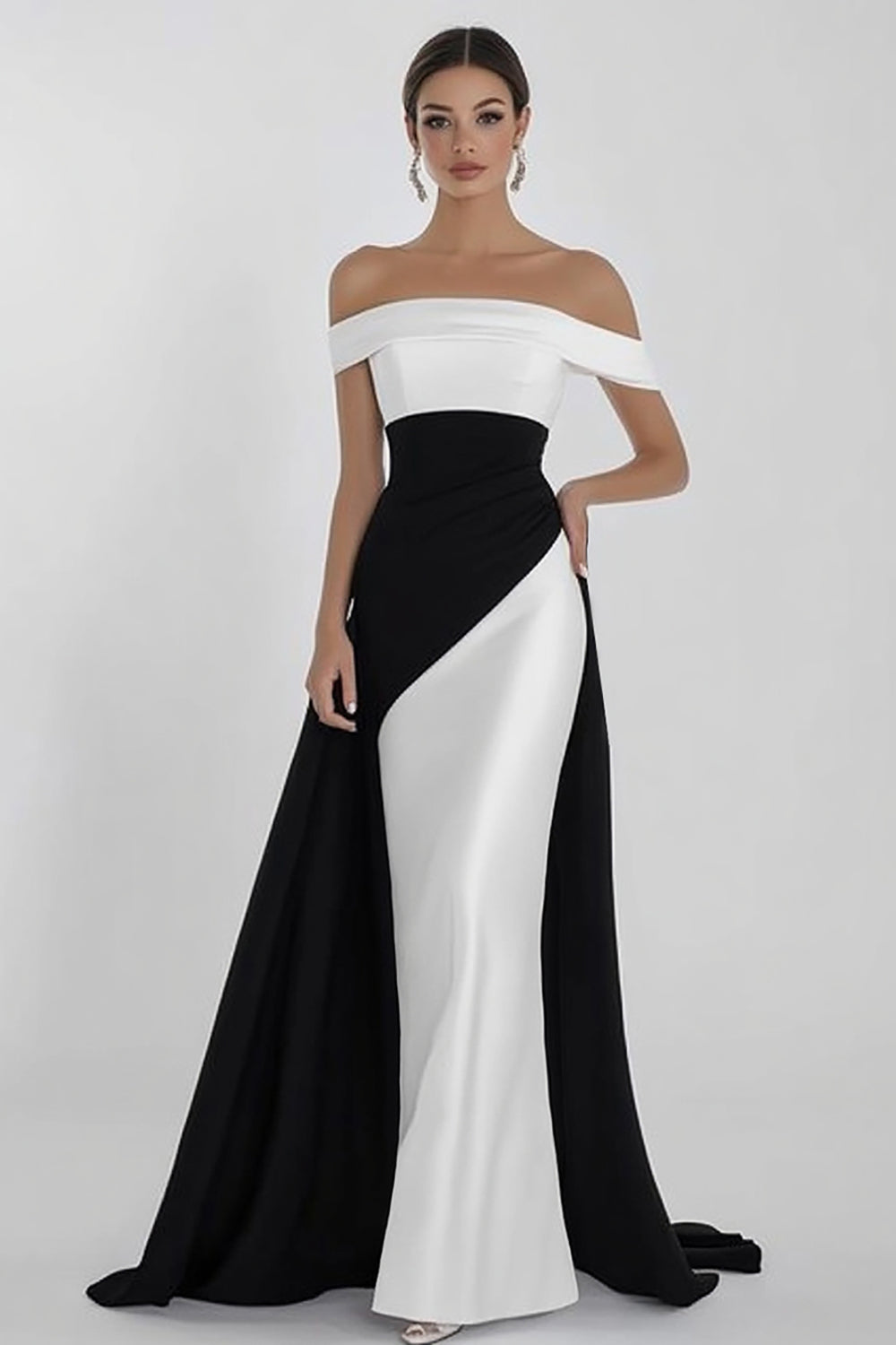 Black White Sheath Off the Shoulder Satin Long Formal Dress