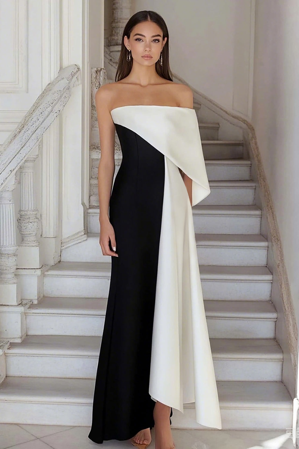 Black White Sheath Satin One Shoulder Long Formal Dress