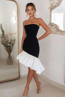 Load image into Gallery viewer, Black White Sheath Strapless Satin Asymmetrical Cocktail Dress with Ruffles
