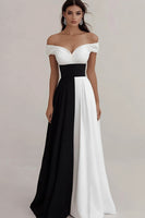 Load image into Gallery viewer, Black White A Line Off The Shoulder Satin Long Formal Dress