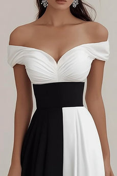 Black White A Line Off The Shoulder Satin Long Formal Dress