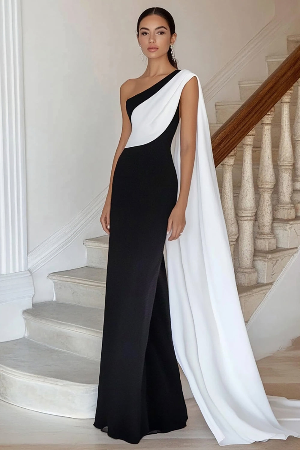 Black white Sheath One Shoulder Satin Long Formal Dress with Side Cape