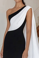 Load image into Gallery viewer, Black white Sheath One Shoulder Satin Long Formal Dress with Side Cape