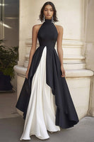 Load image into Gallery viewer, Black White A Line High Neck Satin Long Formal Dress
