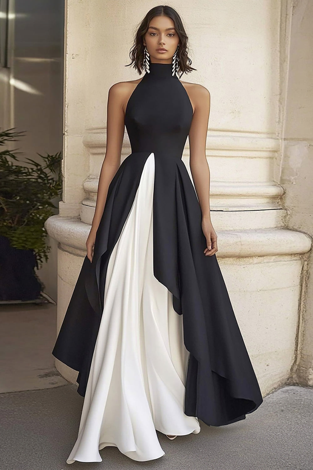 Black White A Line High Neck Satin Long Formal Dress