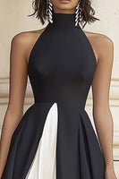 Load image into Gallery viewer, Black White A Line High Neck Satin Long Formal Dress