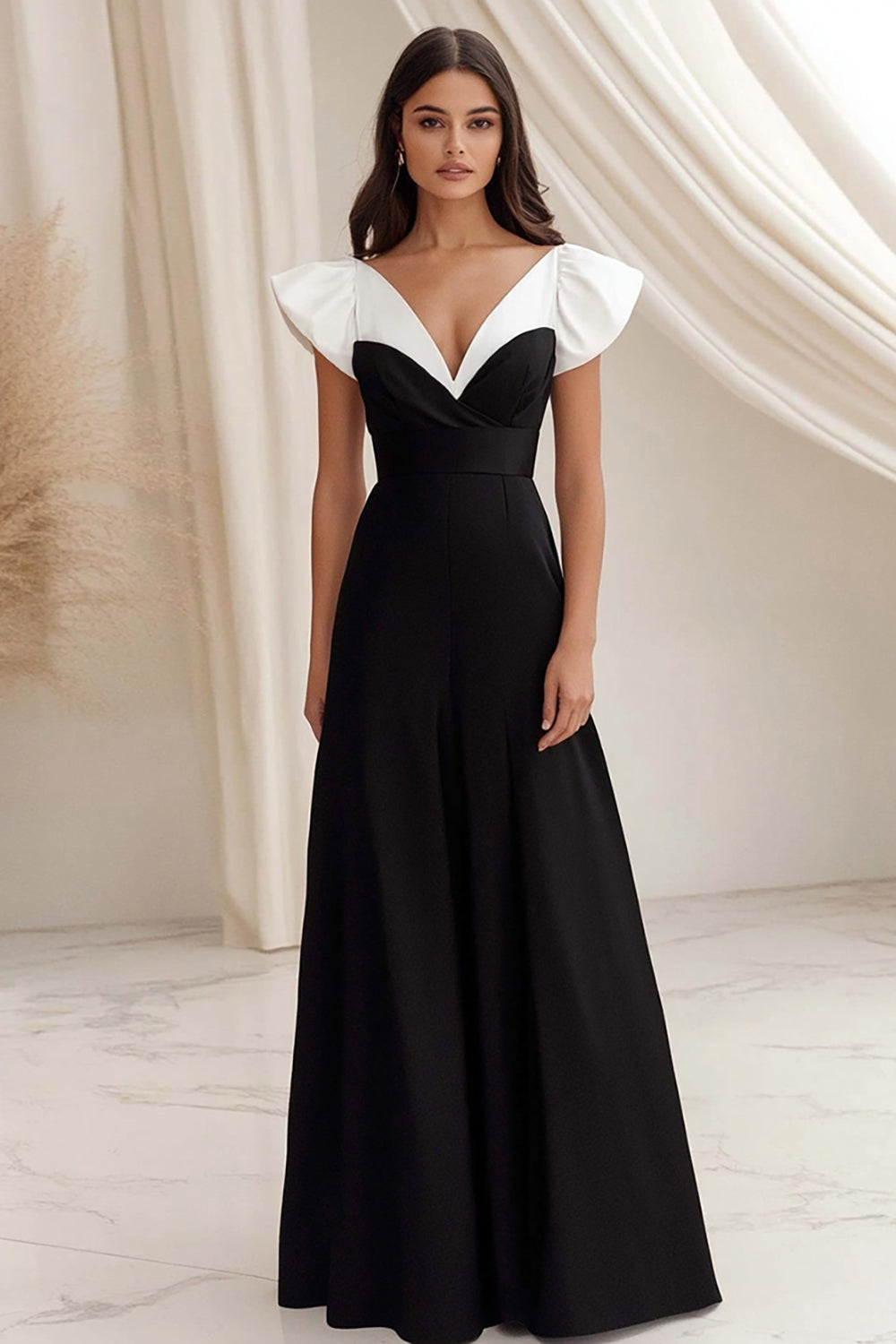 Black White A Line V-Neck Satin Long Formal Dress with Ruffles
