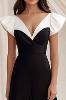 Load image into Gallery viewer, Black White A Line V-Neck Satin Long Formal Dress with Ruffles