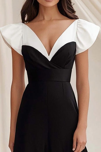 Black White A Line V-Neck Satin Long Formal Dress with Ruffles