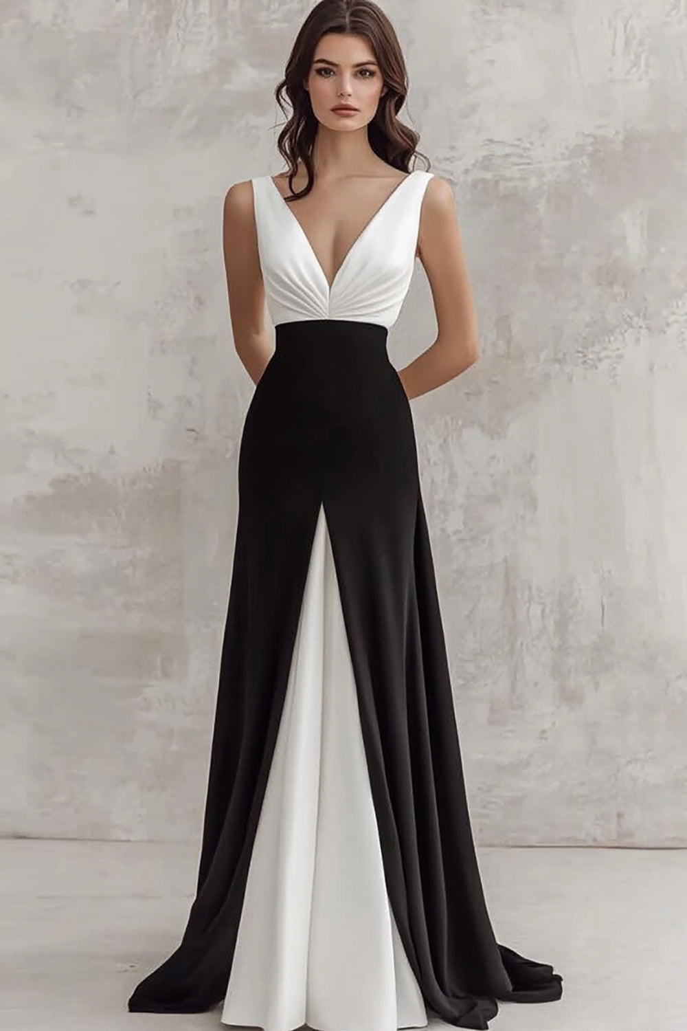 Black White A Line Satin V-Neck Ruched Long Formal Dress