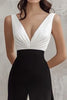Load image into Gallery viewer, Black White A Line Satin V-Neck Ruched Long Formal Dress