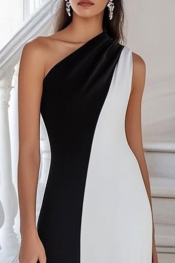 Black White Sheath One Shoulder Long Formal Dress