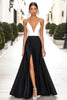 Load image into Gallery viewer, Black White A Line Spaghetti Straps Satin Long Formal Dress with Slit