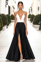 Load image into Gallery viewer, Black White A Line Spaghetti Straps Satin Long Formal Dress with Slit