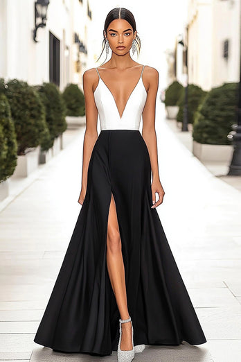 Black White A Line Spaghetti Straps Satin Long Formal Dress with Slit