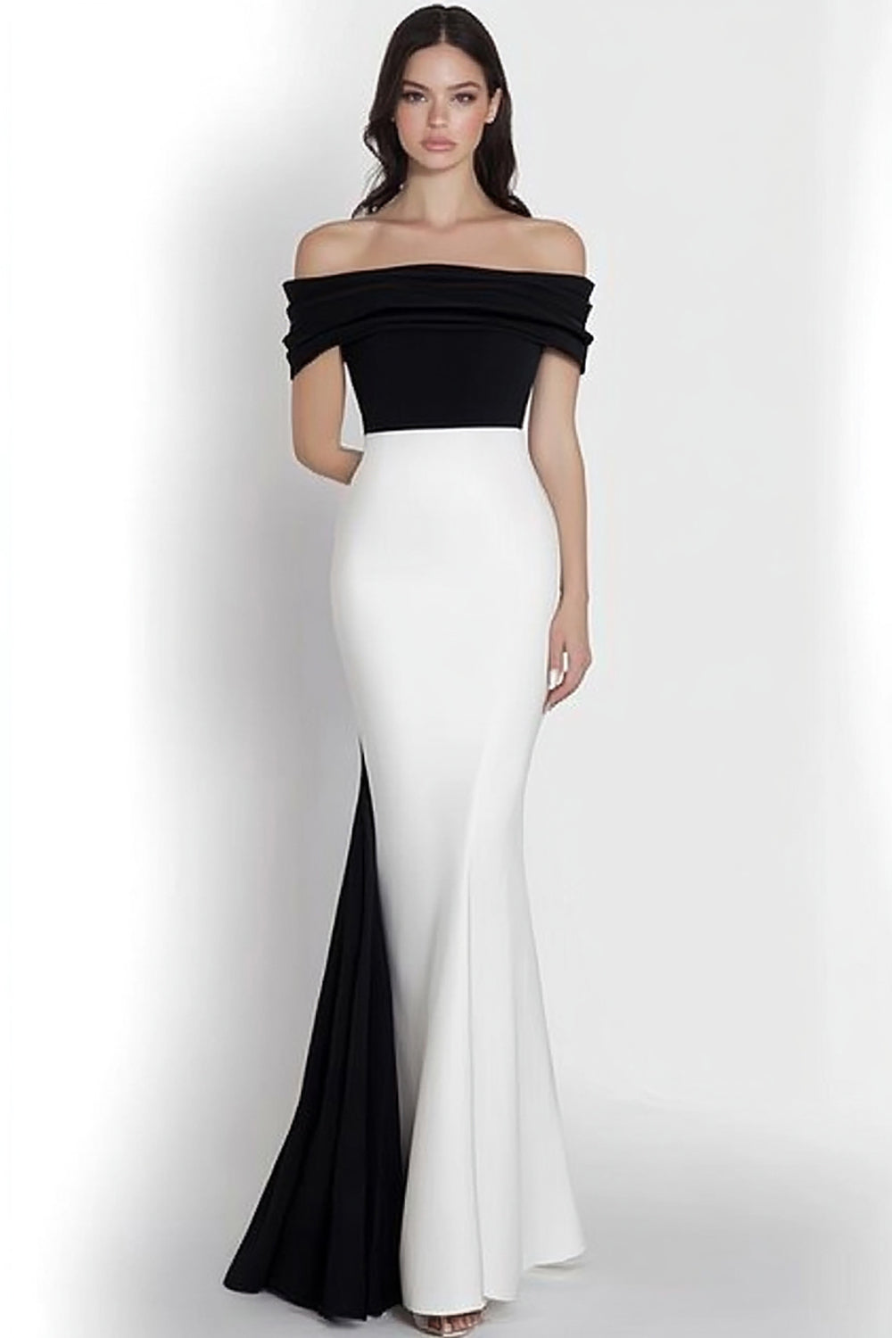 Black White Mermaid Satin Off the Shoulder Long Formal Dress