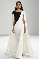 Load image into Gallery viewer, Black White Sheath Boat Neck Long Formal Dress with Cape