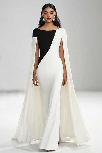 Black White Sheath Boat Neck Long Formal Dress with Cape