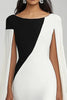 Load image into Gallery viewer, Black White Sheath Boat Neck Long Formal Dress with Cape