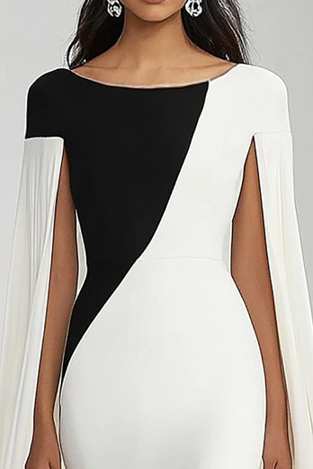 Black White Sheath Boat Neck Long Formal Dress with Cape