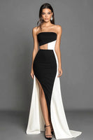 Load image into Gallery viewer, Black White Sheath Strapless Satin Long Formal Dress with Slit
