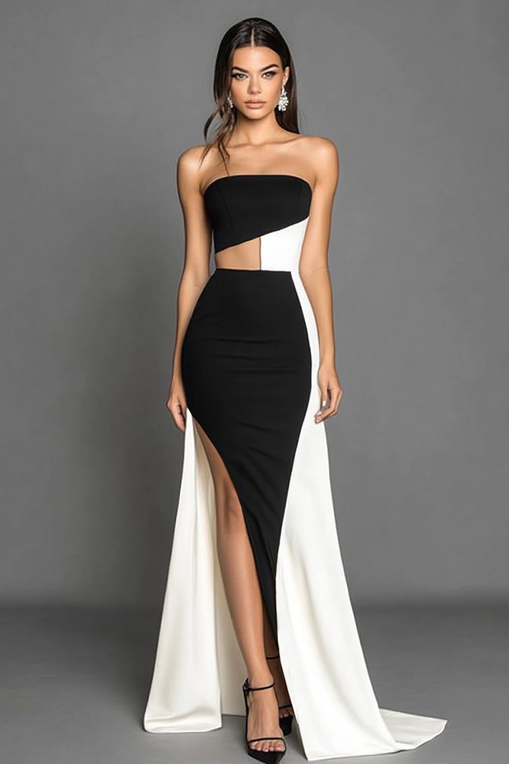 Black White Sheath Strapless Satin Long Formal Dress with Slit