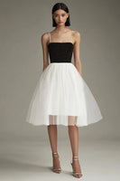 Load image into Gallery viewer, Black White A Line Tulle Spaghetti Straps Midi Graduation Dress