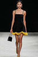 Load image into Gallery viewer, Black A Line Spaghetti Straps Satin Short Graduation Dress with Ruffles