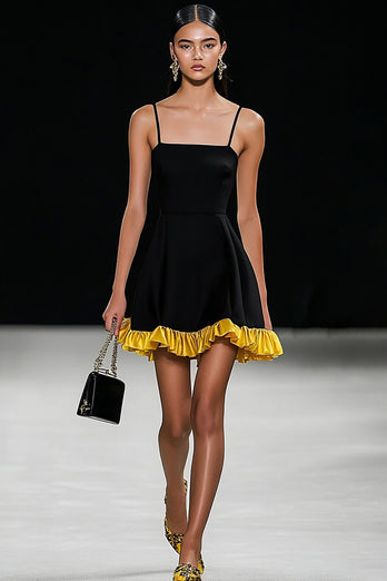 Black A Line Spaghetti Straps Satin Short Graduation Dress with Ruffles