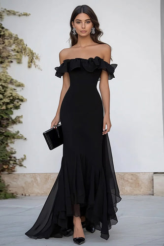 Black Mermaid Chiffon Long Formal Dress with Ruffles