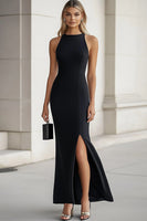 Load image into Gallery viewer, Black Sheath Satin Long Formal Dress with Slit