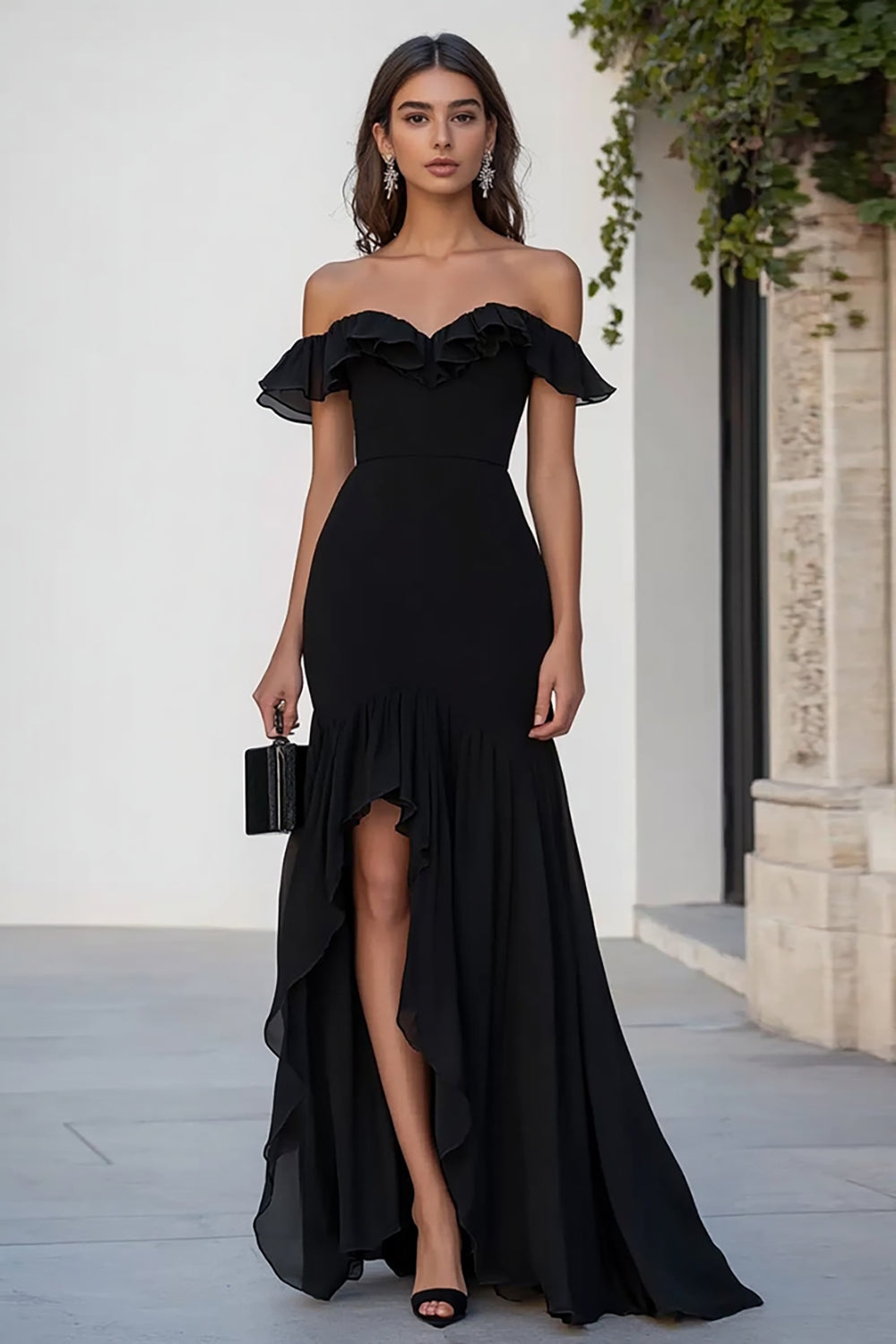 Black Chiffon Mermaid Off the Shoulder Long Formal Dress with Slit