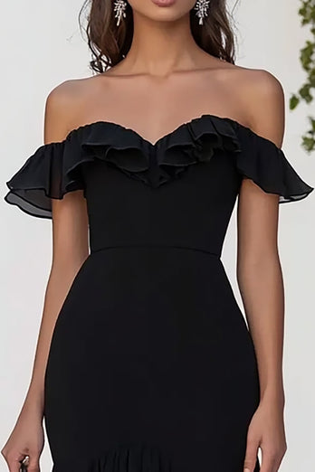 Black Chiffon Mermaid Off the Shoulder Long Formal Dress with Slit