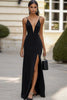 Load image into Gallery viewer, Black Sheath V-Neck Satin Long Formal Dress with Slit