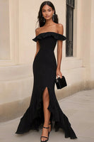 Load image into Gallery viewer, Black Ruffled Off the Shoulder Long Formal Dress with Slit