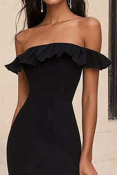 Black Ruffled Off the Shoulder Long Formal Dress with Slit