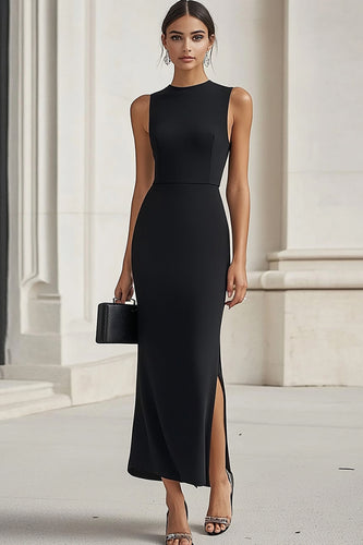 Black High Neck Satin Long Formal Dress with Slit
