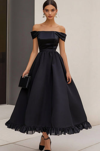Black Satin A Line Long Formal Dress with Ruffles